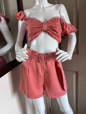 High-Waist Belted Shorts in Coral Pink